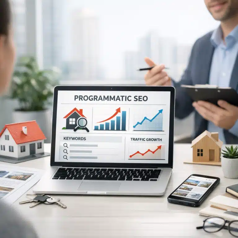 En bærbar computer viser Programmatic SEO med søgeord, vækstgrafer og boligikoner på et skrivebord i et mødelokale.