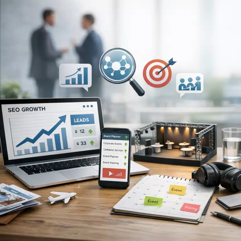 Laptop med SEO Growth-graf, stigende leads og eventplanlægning ved siden af konferenceopstilling og kalender