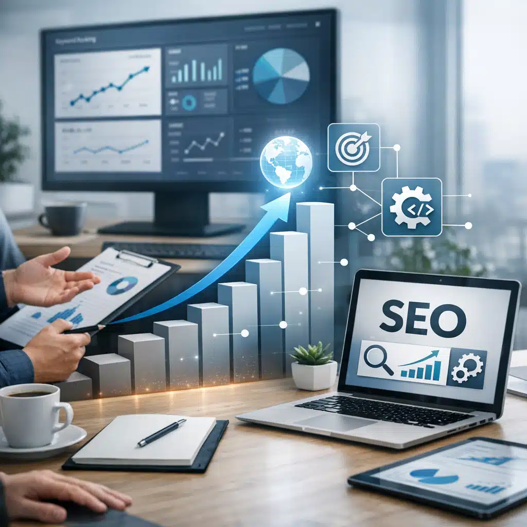 En laptop med SEO-grafik står foran en voksende søjlekurve, mens dashboards og markedsdata vises på skærmen bagved.