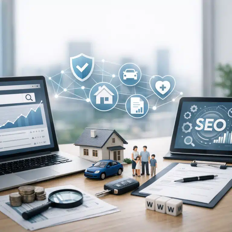 Laptop med SEO-grafik ved siden af hus, blå bil, familie og forsikringssymboler i et digitalt erhvervsmiljø