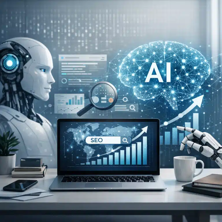 En AI-robot arbejder ved en computer med SEO-grafik, stigende søgekurve og et netværk markeret med AI.