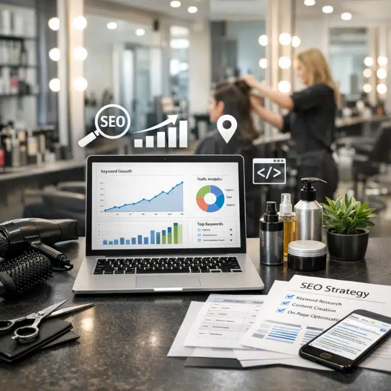 Laptop med SEO-grafer, søgeordsanalyse og lokal synlighed på en frisørsalon med frisørarbejde i baggrunden