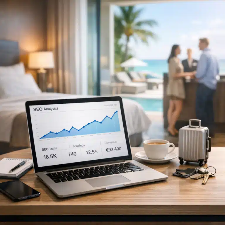 Laptop med SEO Analytics, stigende trafik og bookinger på et hotelværelse med pool og gæster i baggrunden