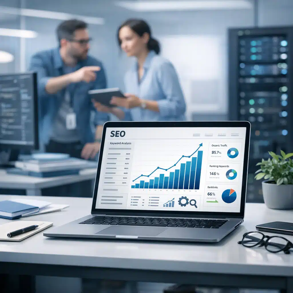 Laptop med SEO-dashboard og stigende blå søjlediagram foran it-specialister og servere på et kontor
