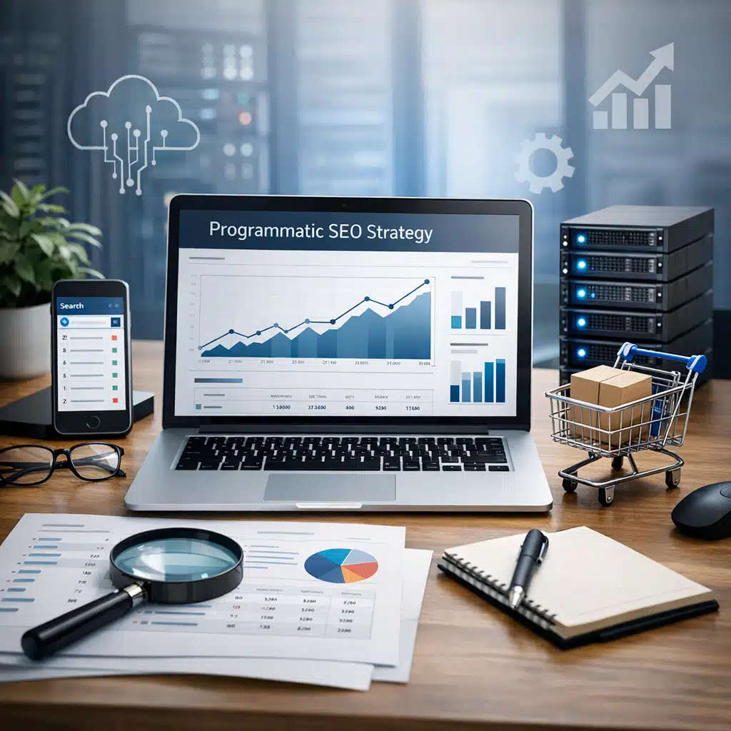 Laptop viser teksten Programmatic SEO Strategy med stigende graf, søgedata og servere på et skrivebord.