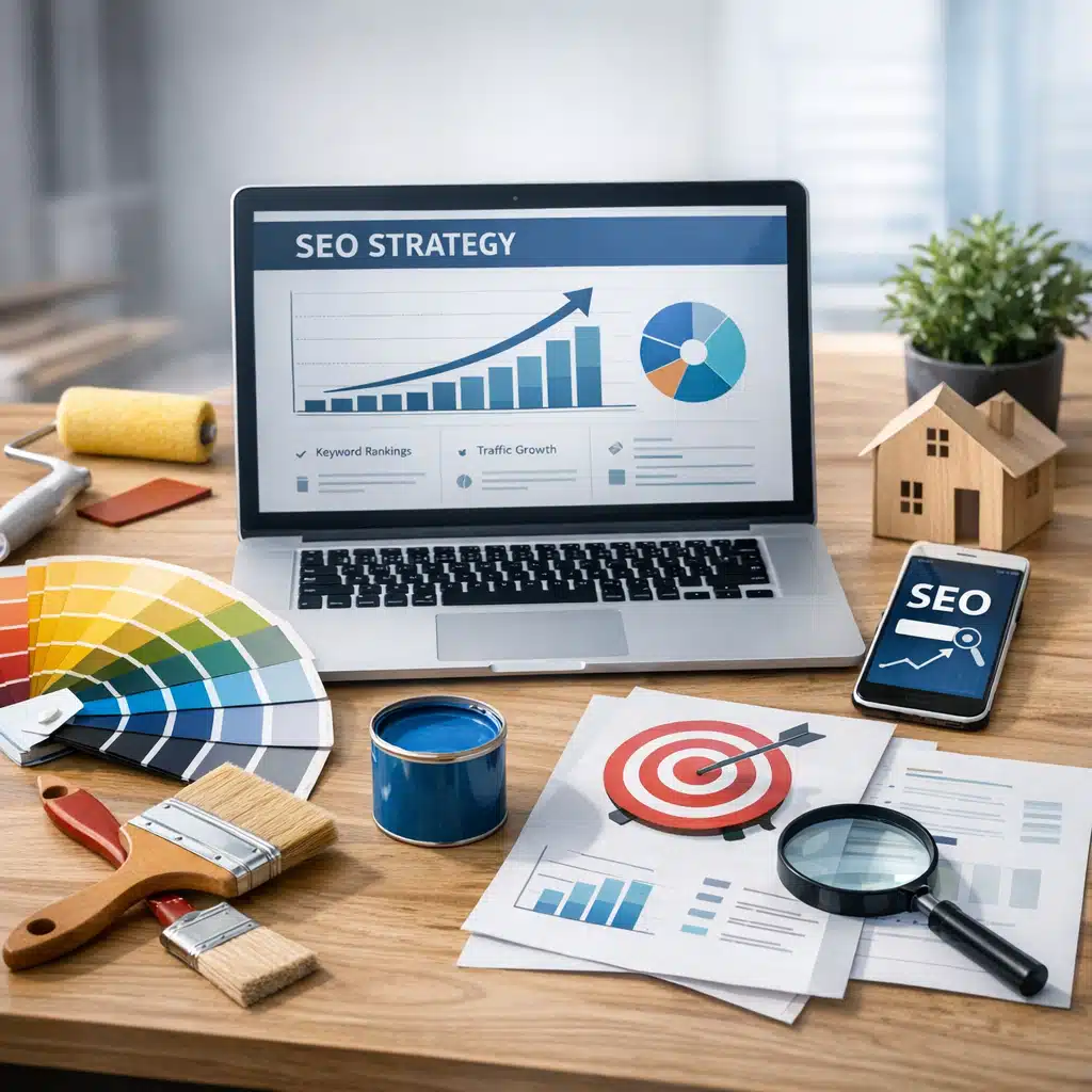 Laptop med SEO Strategy-grafik, farvevifter, malerbøtter og målskive på dokumenter om lokal synlighed