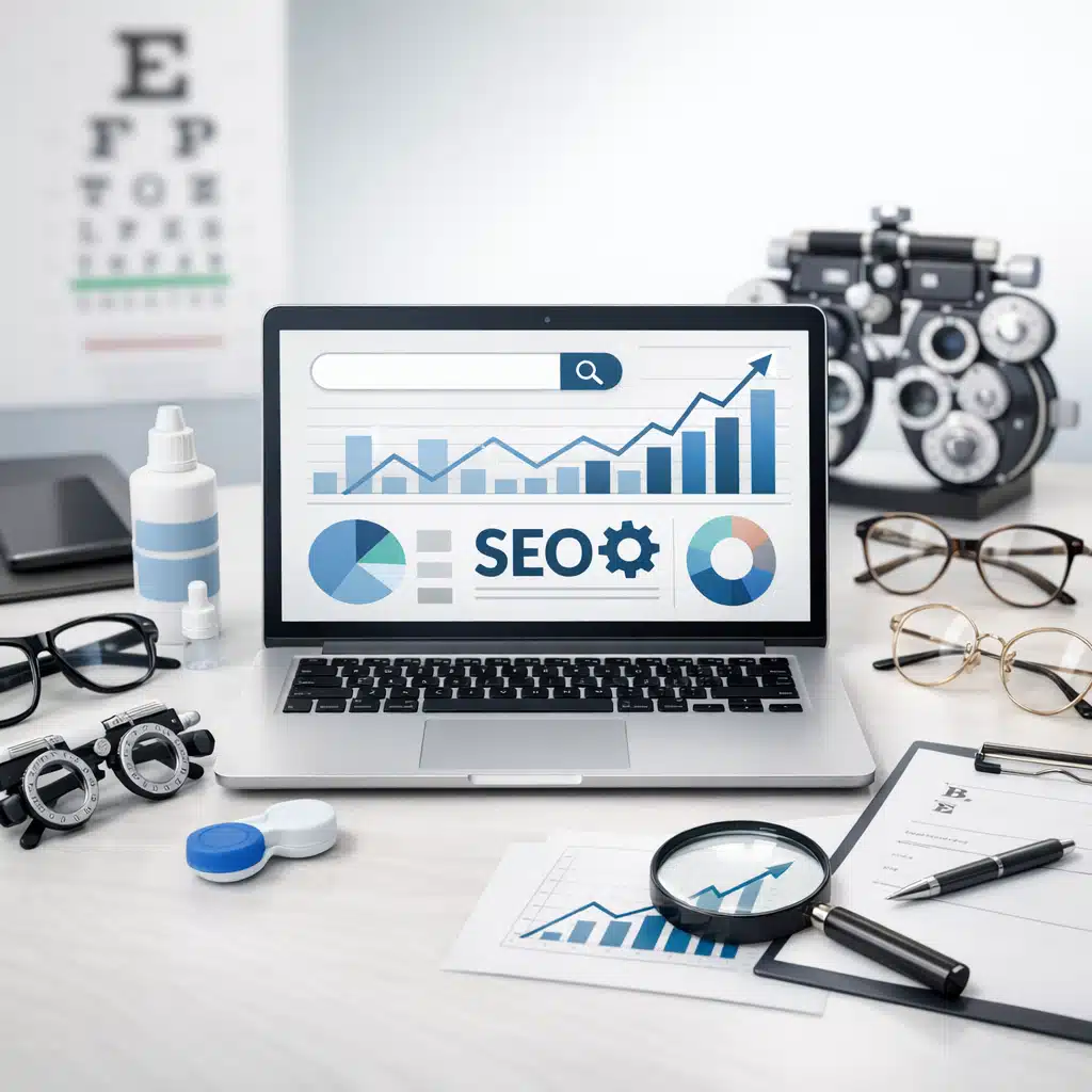 Laptop med SEO-grafer, søgefelt og optikudstyr som phoropter, briller og kontaktlinser på et skrivebord