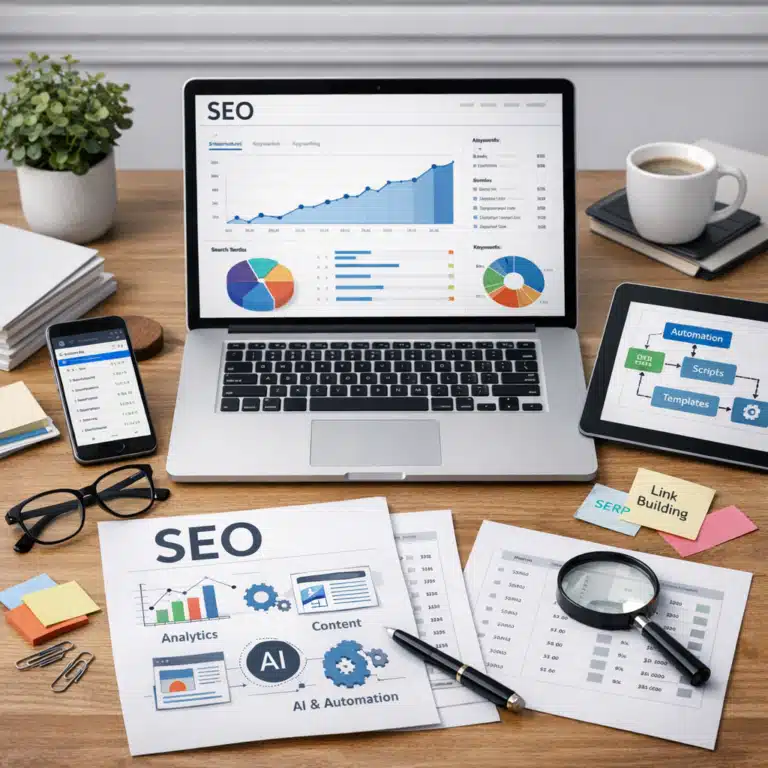 Laptop med SEO-grafer, AI- og automatiseringsdiagrammer samt dokumenter om skalerbar SEO og contentproduktion