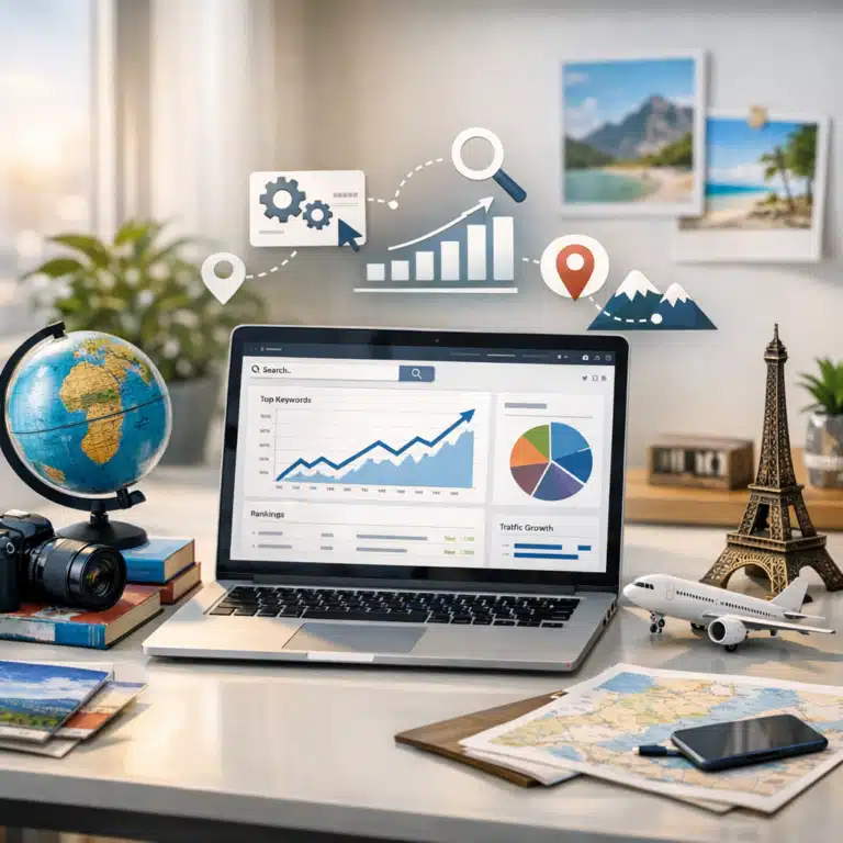 Laptop med SEO-grafer, globus, fly og Eiffeltårnet på skrivebord med rejsekort og destinationsbilleder