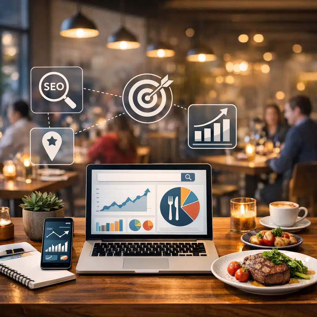Laptop med SEO-grafer, restaurantdata og målsymboler ved et dækket restaurantbord med retter og kaffe