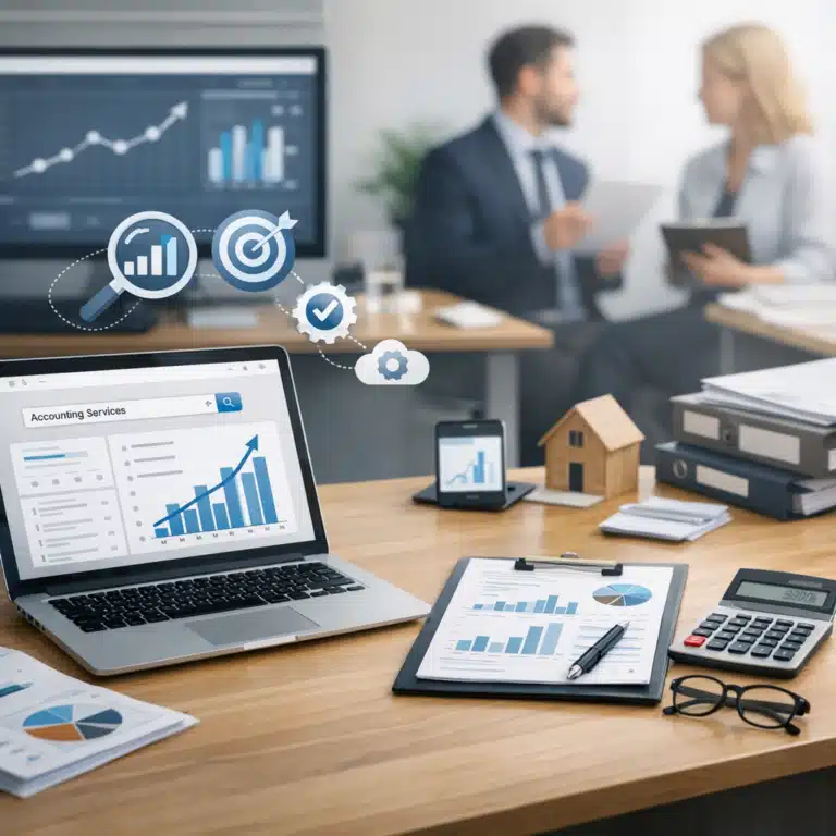 En bærbar computer viser vækstgrafer og søgningen Accounting Services, mens et møde og kontorartikler står i baggrunden.