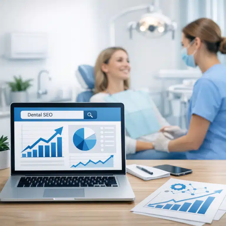 Tandlæge behandler patient, mens en bærbar computer viser Dental SEO, blå vækstgrafer og søgedata i klinikken