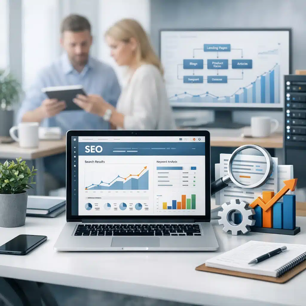 Bærbar computer viser SEO-grafer, mens et webbureau arbejder med datadrevne landingssider og skalerbar synlighed
