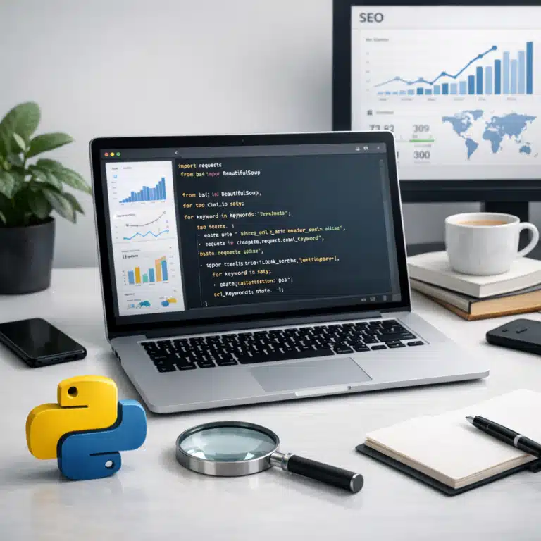 På skrivebordet står en laptop med Python-kode, SEO-grafer og en stor Python-logo foran skærmen.