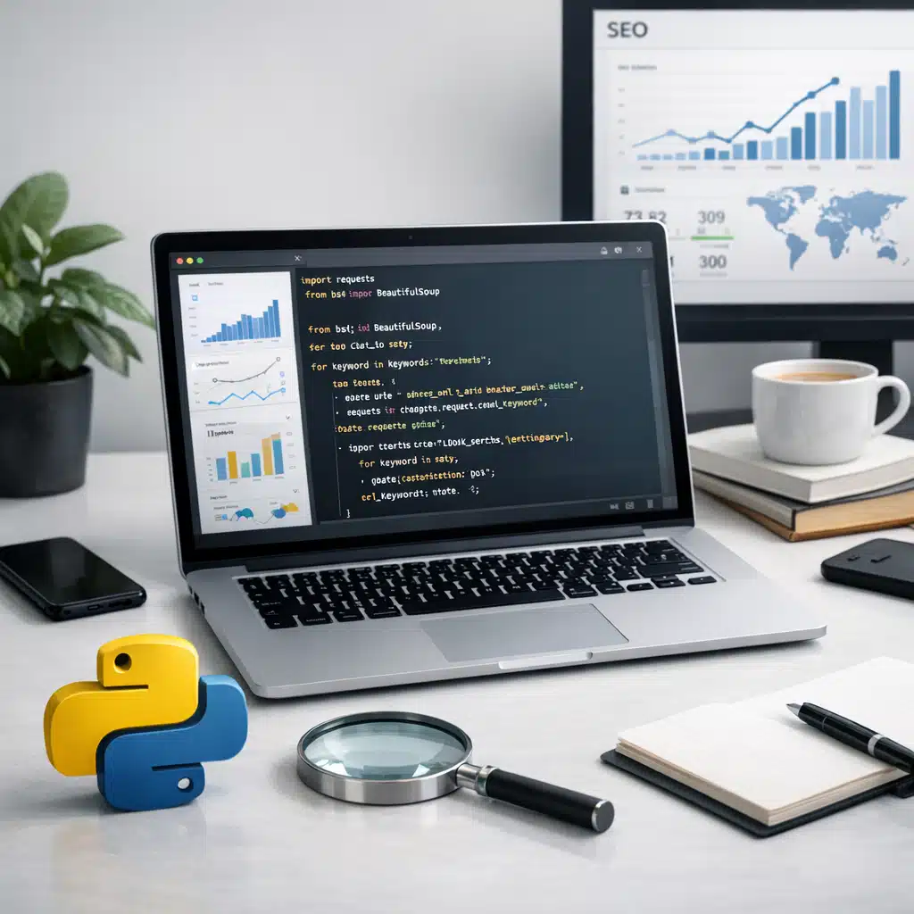På skrivebordet står en laptop med Python-kode, SEO-grafer og en stor Python-logo foran skærmen.
