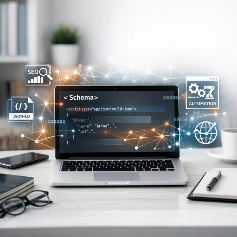 En laptop viser og JSON-LD-kode omgivet af SEO-, automation- og webikoner i et lyst kontormiljø.