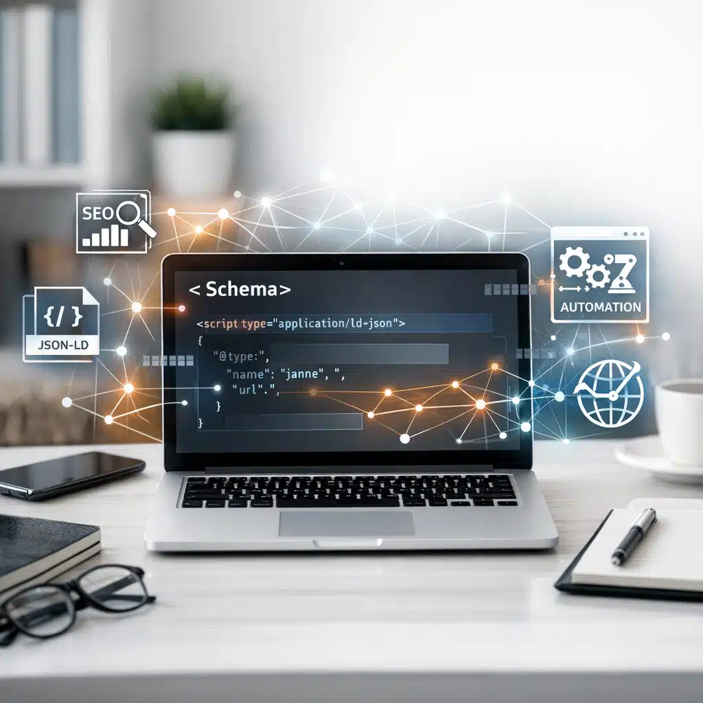 En laptop viser og JSON-LD-kode omgivet af SEO-, automation- og webikoner i et lyst kontormiljø.