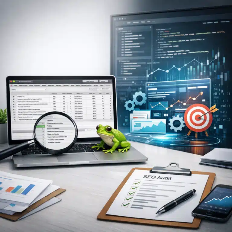 En grøn frø står foran en laptop med SEO-data, mens et clipboard med teksten SEO Audit ligger på bordet.
