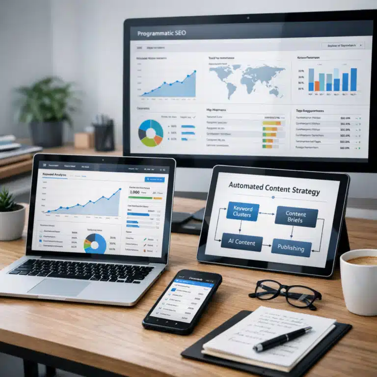 Flere skærme viser Semrush-data, keyword-klynger og automatiseret content-strategi til programmatic SEO