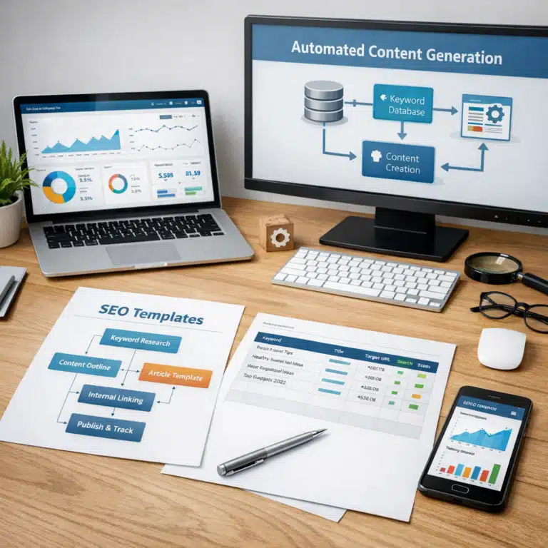 Et skrivebord med laptop, skærm, papir og mobil viser dashboards, SEO Templates og Automated Content Generation.