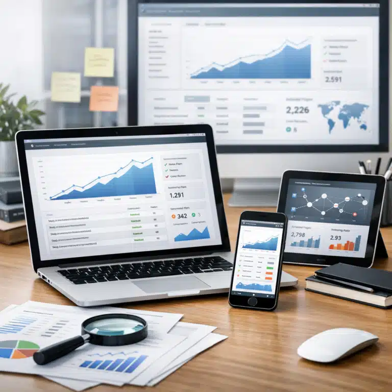 Flere skærme viser SEO-dashboards med stigende grafer, indekseringsdata og tal for mange sider.