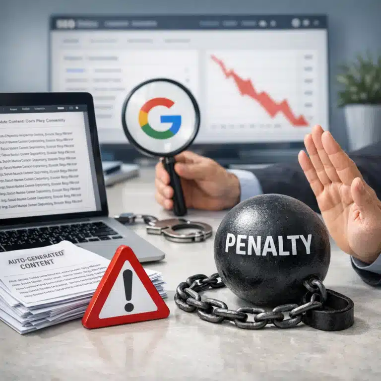En lup med Googles logo over for faldende trafik, automatisk indhold, advarselstavle og en sort kugle med teksten PENALTY