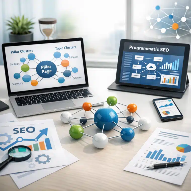Laptop viser pillar page og topic clusters ved siden af programmatic SEO på tablet med blå diagrammer og netværk