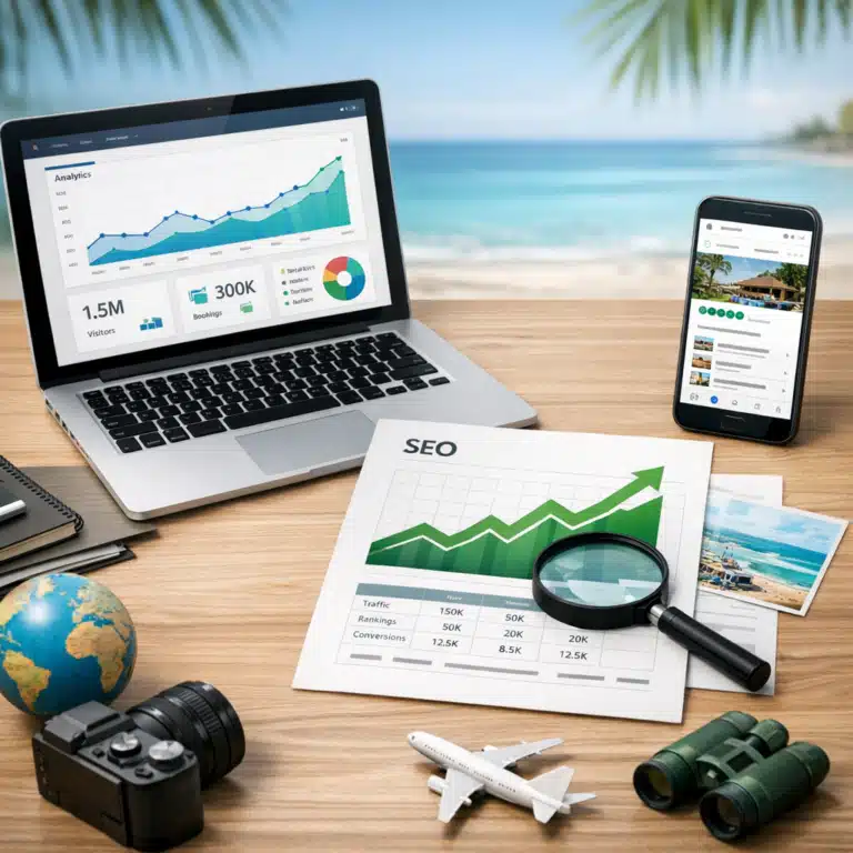 Ved et strandmiljø vises en laptop med analytics, en mobil med rejseliste og en SEO-rapport med grøn vækstkurve.
