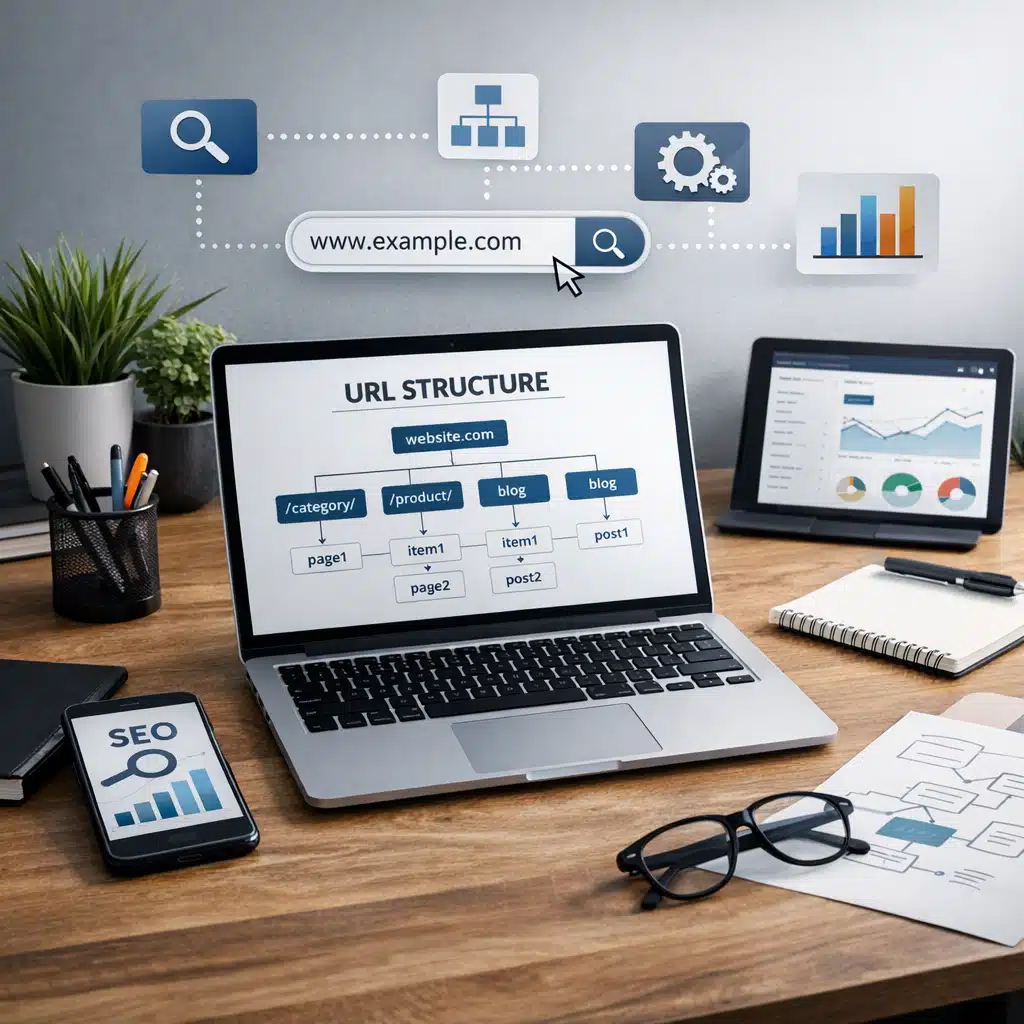 En bærbar computer viser et URL-strukturdiagram, mens søgefelt, SEO-grafik og analyseikoner understøtter programmatic SEO.