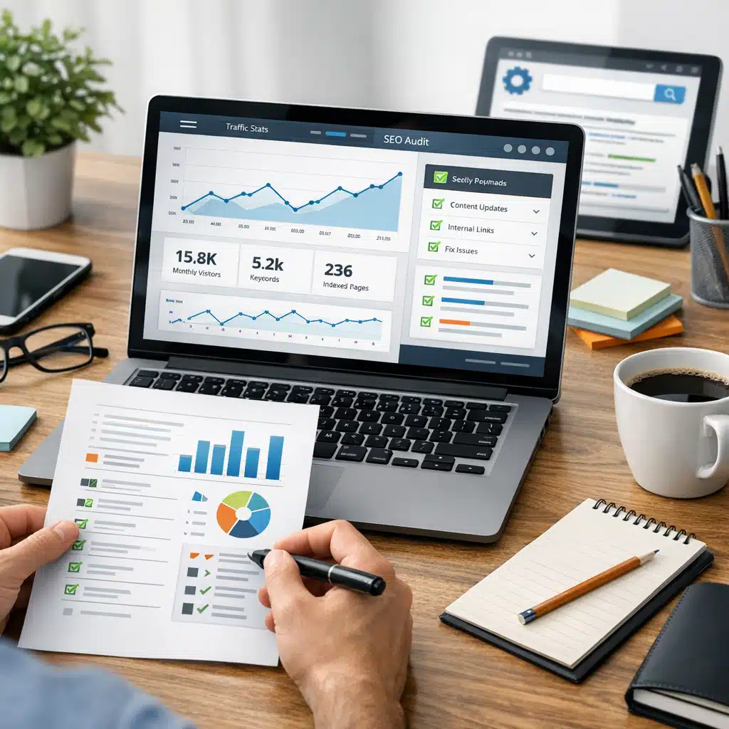 Laptop viser SEO-audit med trafikdiagrammer, søgeord og indekserede sider ved løbende vedligehold af programmatic SEO
