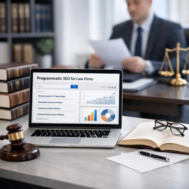Laptop med teksten “Programmatic SEO for Law Firms”, søgedata og grafer ved siden af bøger, hammer og juridiske dokumenter