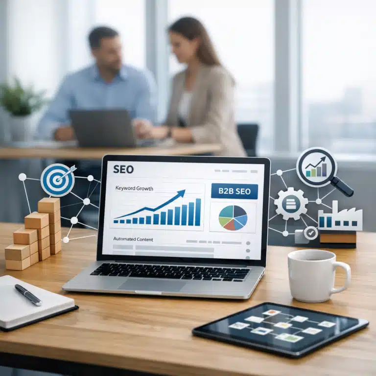 Laptop med SEO- og B2B SEO-diagrammer foran kolleger, der arbejder med programmatic SEO og organisk synlighed