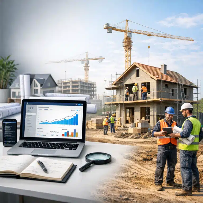 Byggeplads med håndværkere, kran og laptop med SEO-grafer, der viser lokal synlighed for byggefirmaer i 2026