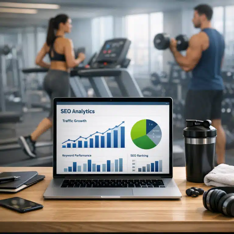 Laptop med SEO Analytics-grafer på et fitnessbord, mens en kvinde løber og en mand træner med håndvægte i baggrunden
