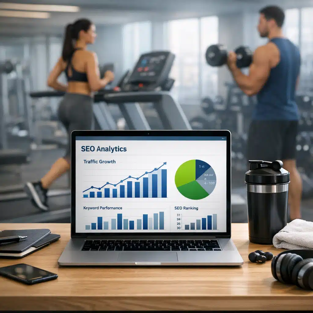 Laptop med SEO Analytics-grafer på et fitnessbord, mens en kvinde løber og en mand træner med håndvægte i baggrunden