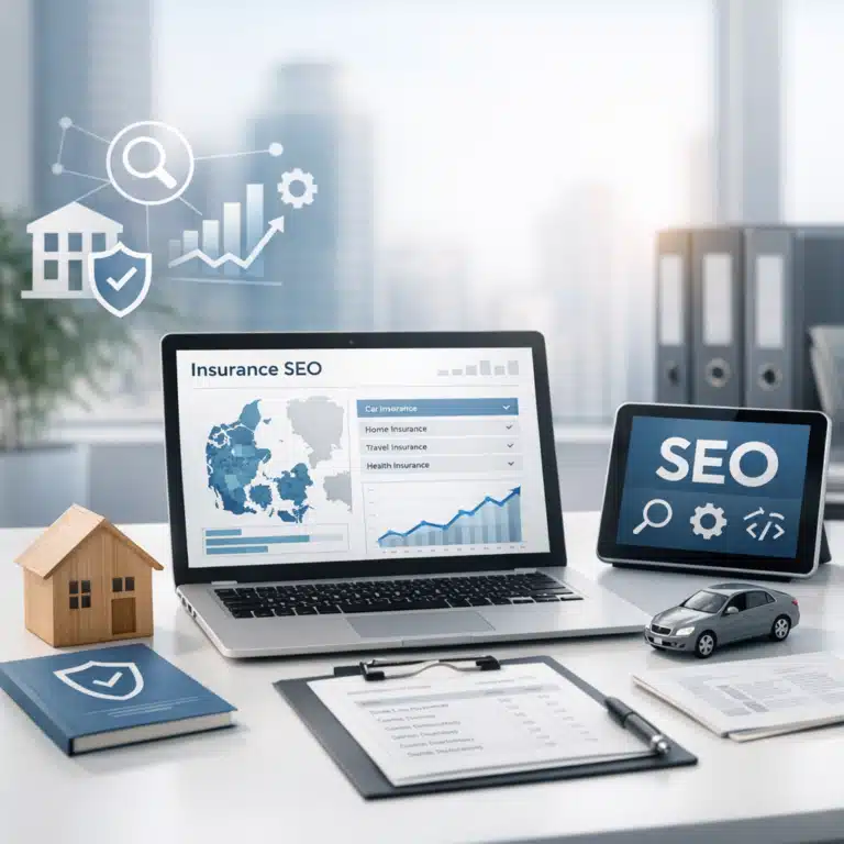 Laptop med teksten Insurance SEO, forsikringsdata, stigende graf og SEO-symboler ved siden af en bilmodel