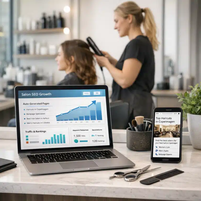 En blond frisør arbejder med hår bag en laptop, der viser Salon SEO Growth og stigende lokale søgeresultater