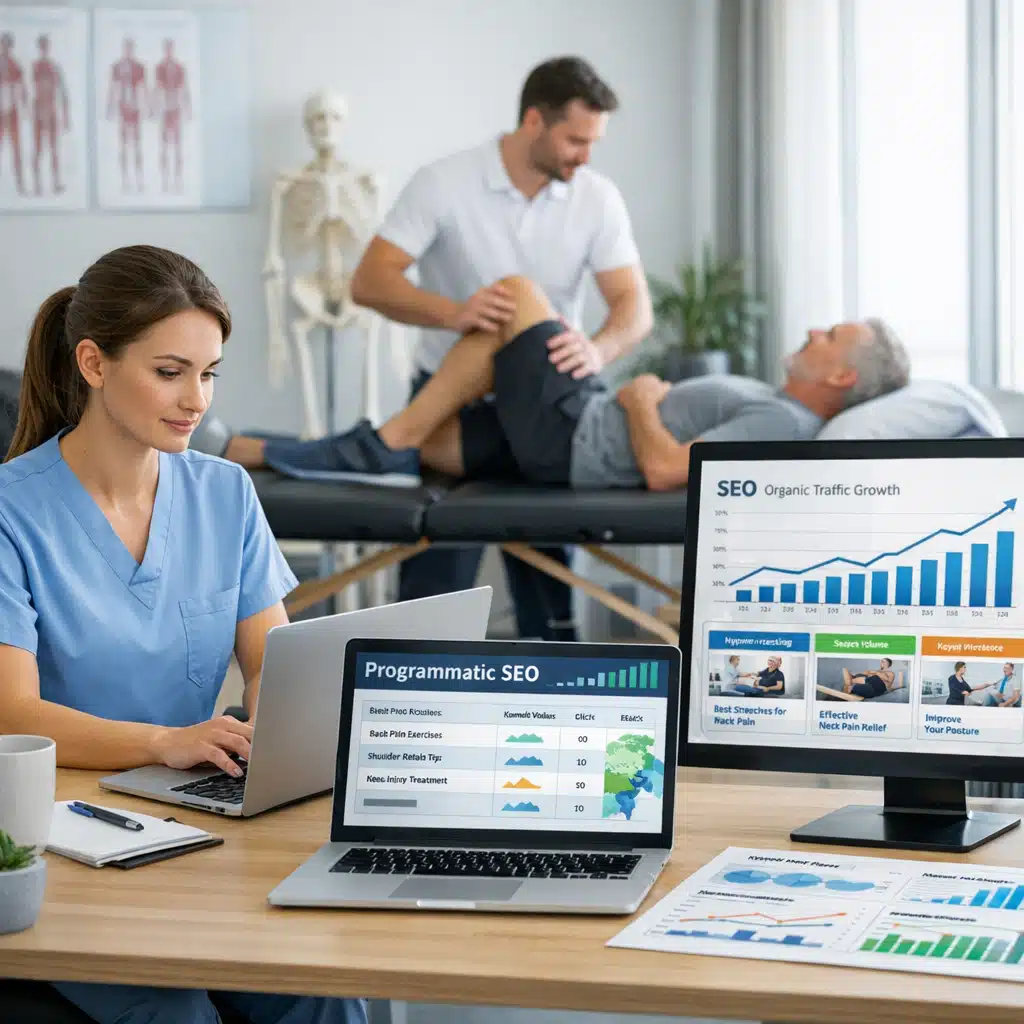 Fysioterapeut behandler patient, mens klinikejer arbejder med programmatic SEO og ser en graf over organisk trafik