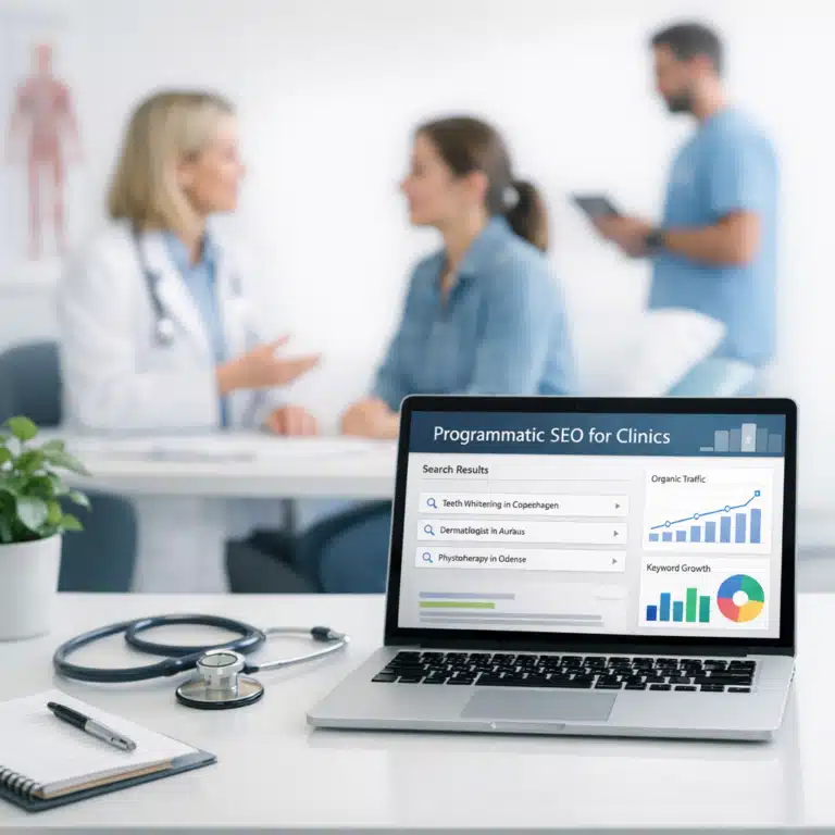 En kliniker taler med en patient, mens en bærbar computer viser Programmatic SEO for klinikker og Google-data