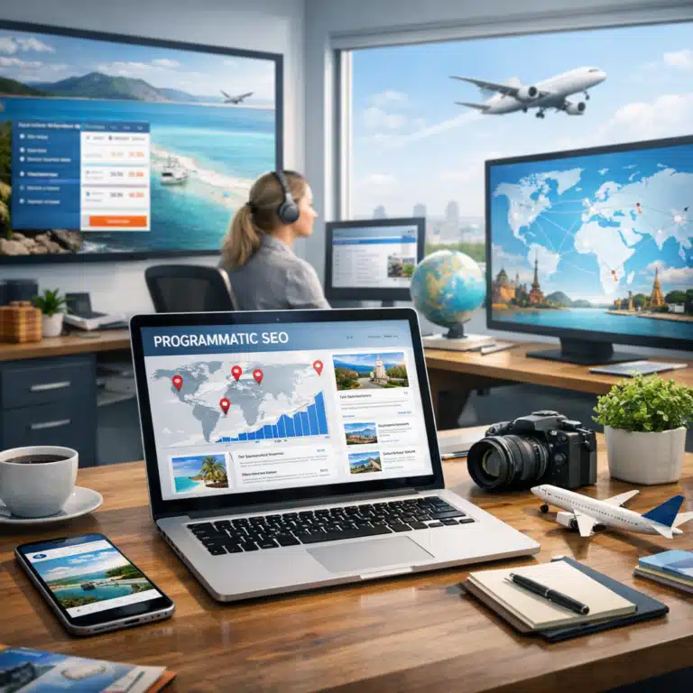 Laptop med teksten PROGRAMMATIC SEO, rejsekort og destinationsdata ved siden af skærme med fly og kystlandskab