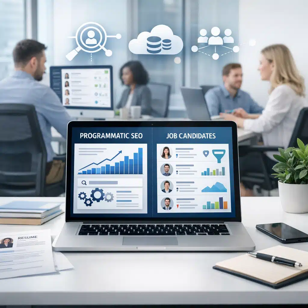 Laptop viser Programmatic SEO, grafer og jobkandidater, mens et rekrutteringsteam arbejder sammen på kontoret