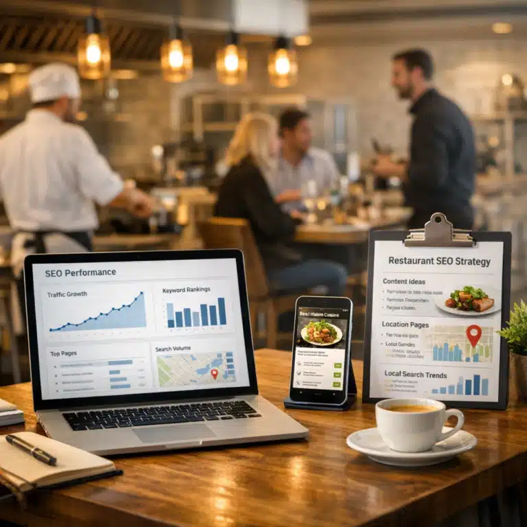 Laptop viser SEO Performance, mens en skærm viser Restaurant SEO Strategy med grafer, lokationssider og restaurantdata.