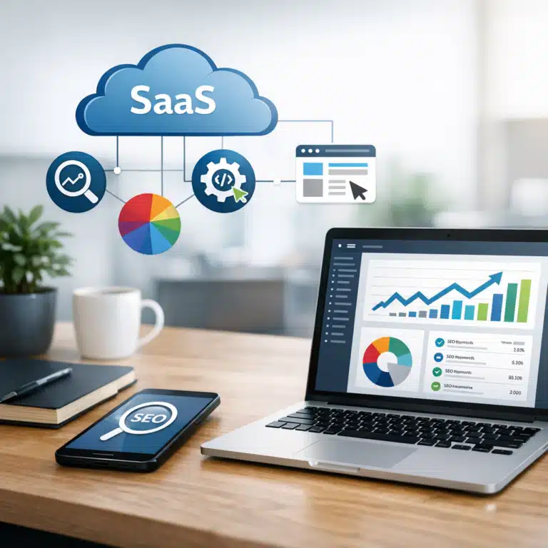 Laptop med SEO-dashboard, SaaS-sky, søgeikon og smartphone på skrivebord viser digital vækst og programmatic SEO.