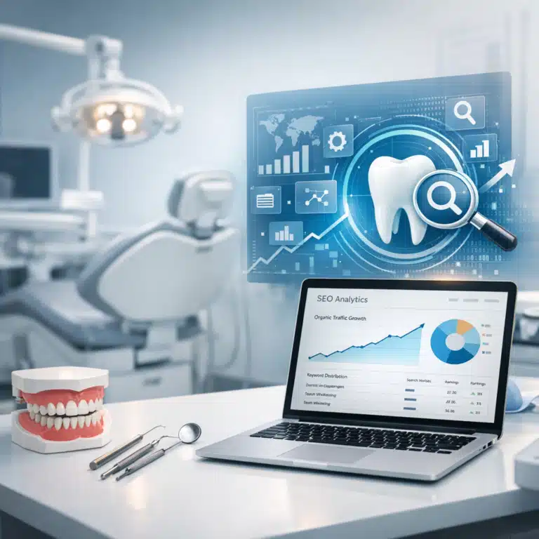 En tandlægeklinik med tandmodel, instrumenter og laptop, mens en blå skærm viser SEO-analyse og programmatic SEO i 2026