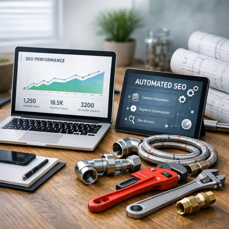 Laptop med SEO Performance-graf og tablet med Automated SEO ved siden af rød rørtang, fittings og VVS-slanger
