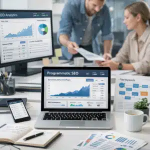 To kolleger gennemgår SEO-data ved et skrivebord med skærme, der viser Programmatic SEO, grafer og søgeord.