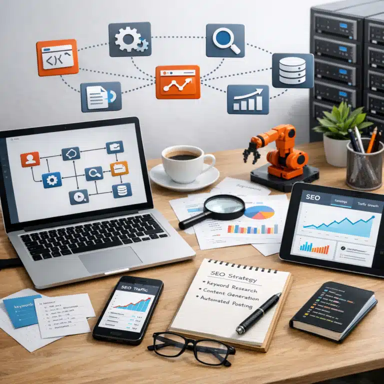 Laptop og SEO-arbejdsplads med Zapier-workflows, dataforbindelser, orange robotarm og grafer til programmatic SEO