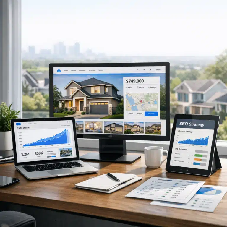 En Zillow-boligside på skærmen med pris og kort samt blå SEO-grafer på laptop og tablet ved skrivebordet