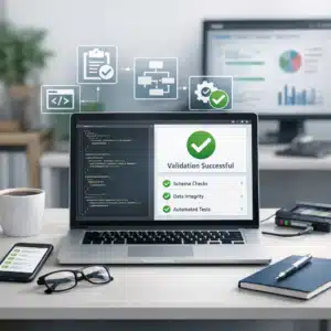 Laptop viser godkendt structured data med grøn status, schema checks, dataintegritet og automatiserede tests