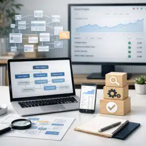 En bærbar computer viser en hierarkisk sidestruktur, mens skærme viser søgedata og grafer om sitemap og indeksering.